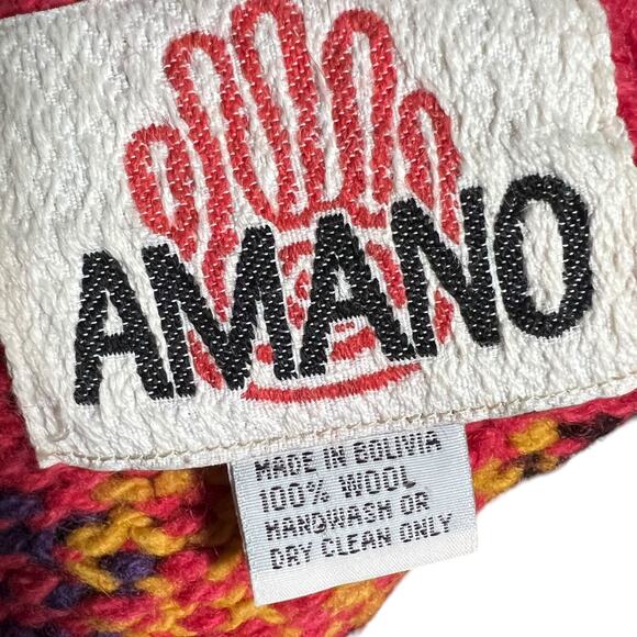 Amiano Handknit Bolivia Wool Cardigan Red Folk Art Sweater Vintage - Picture 5 of 9